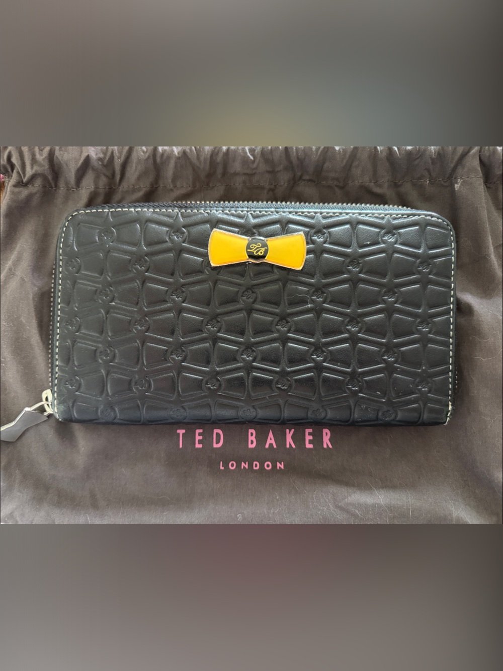 Ted Baker Black Quilted Zip-Around Wallet with Yellow Bow Accent